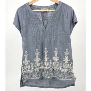 Retrology Grey/Blue V Cut Sheer soft Blouse with front embroidery Size LARGE